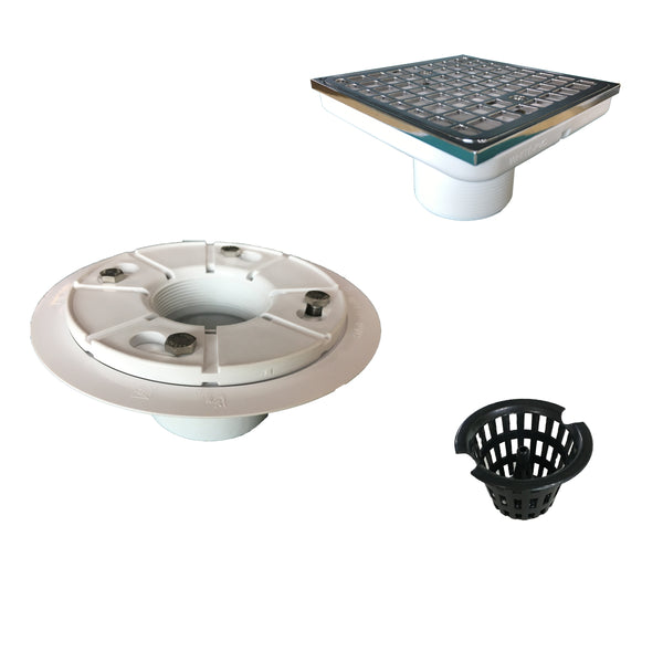 4-1/2" Tile In Shower Floor Drain Square Design and Height Adjustable, Chrome Plated, PVC Material