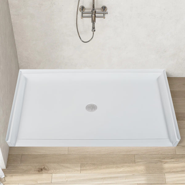 Curbless Acrylic Shower Base 62X36 in | Barrier Free Shower Base with Center Drain in White Color