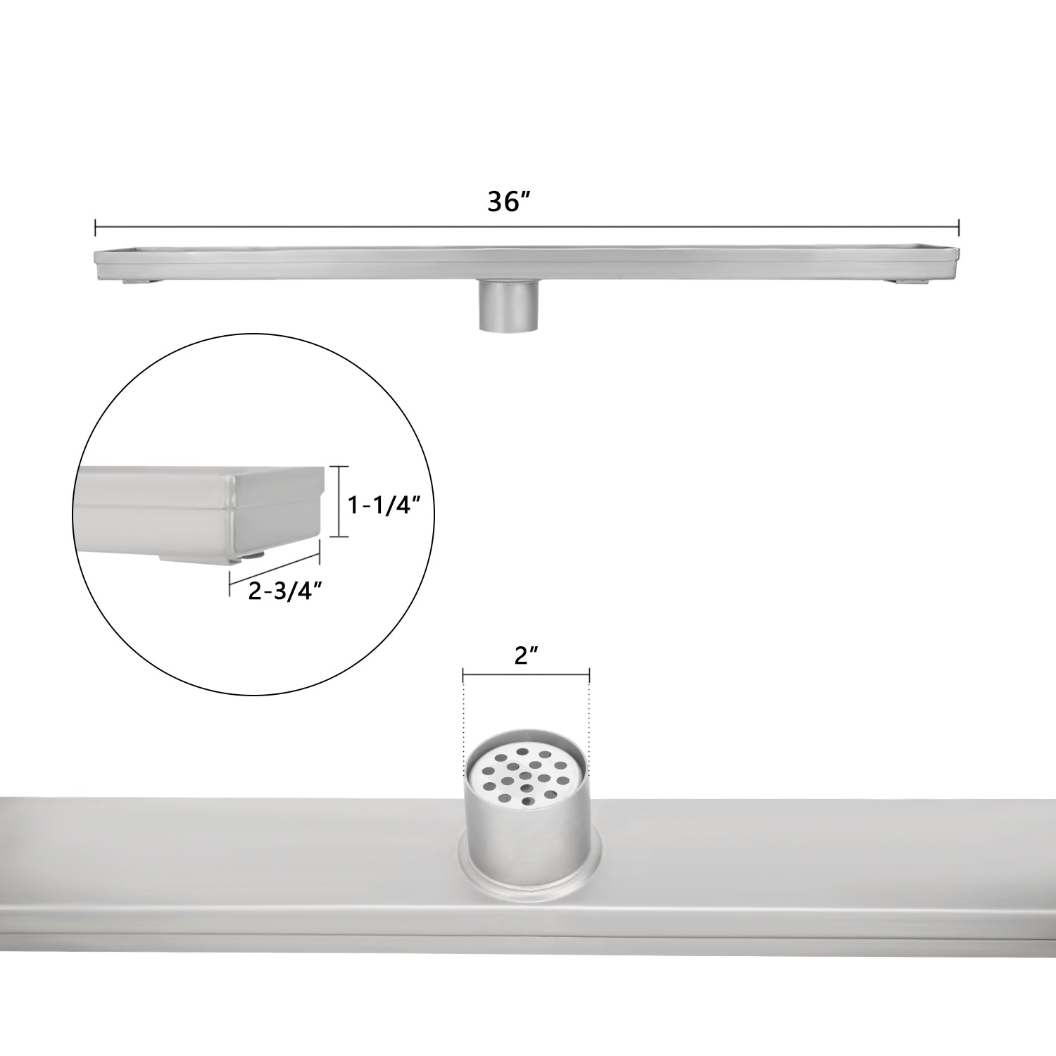 36 Inch Stainless Steel Linear Floor Drain Blind Style and Drain Base with Rubber Gasket