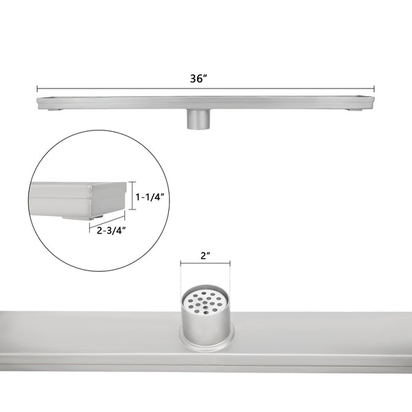 36 Inch Stainless Steel Linear Floor Drain Blind Style and Drain Base with Rubber Gasket