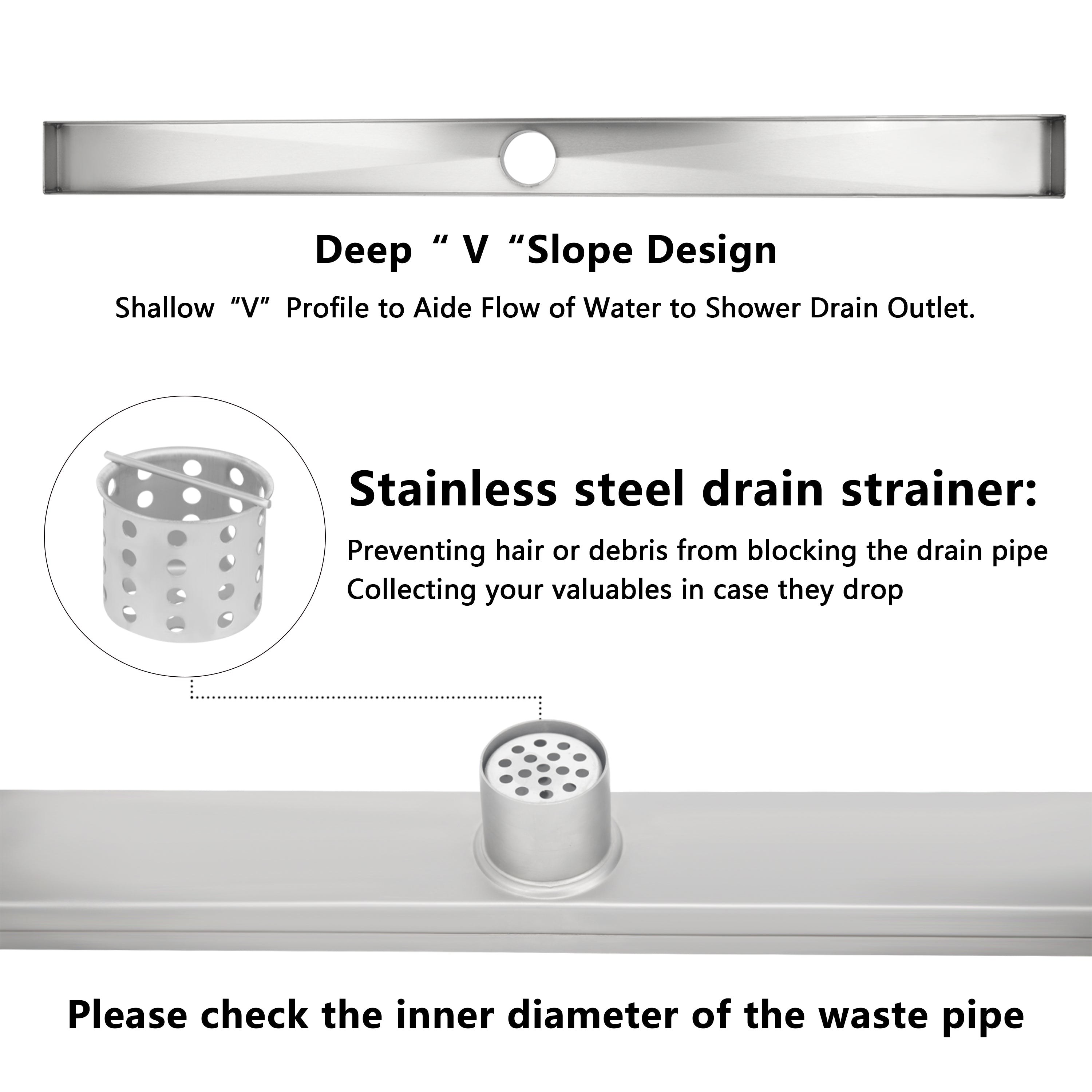 36 Inch Stainless Steel Linear Floor Drain Blind Style and Drain Base with Rubber Gasket