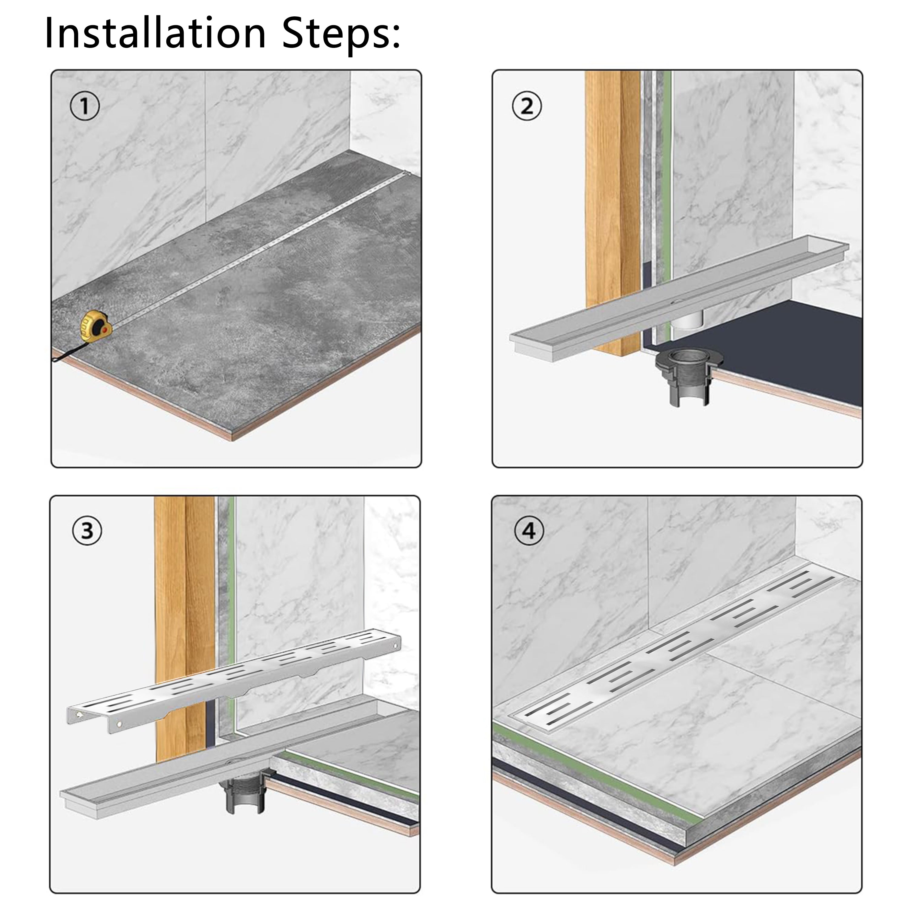 36 Inch Linear Drain SS304 Material with Grate Neo Style and Drain Base with Rubber Gasket