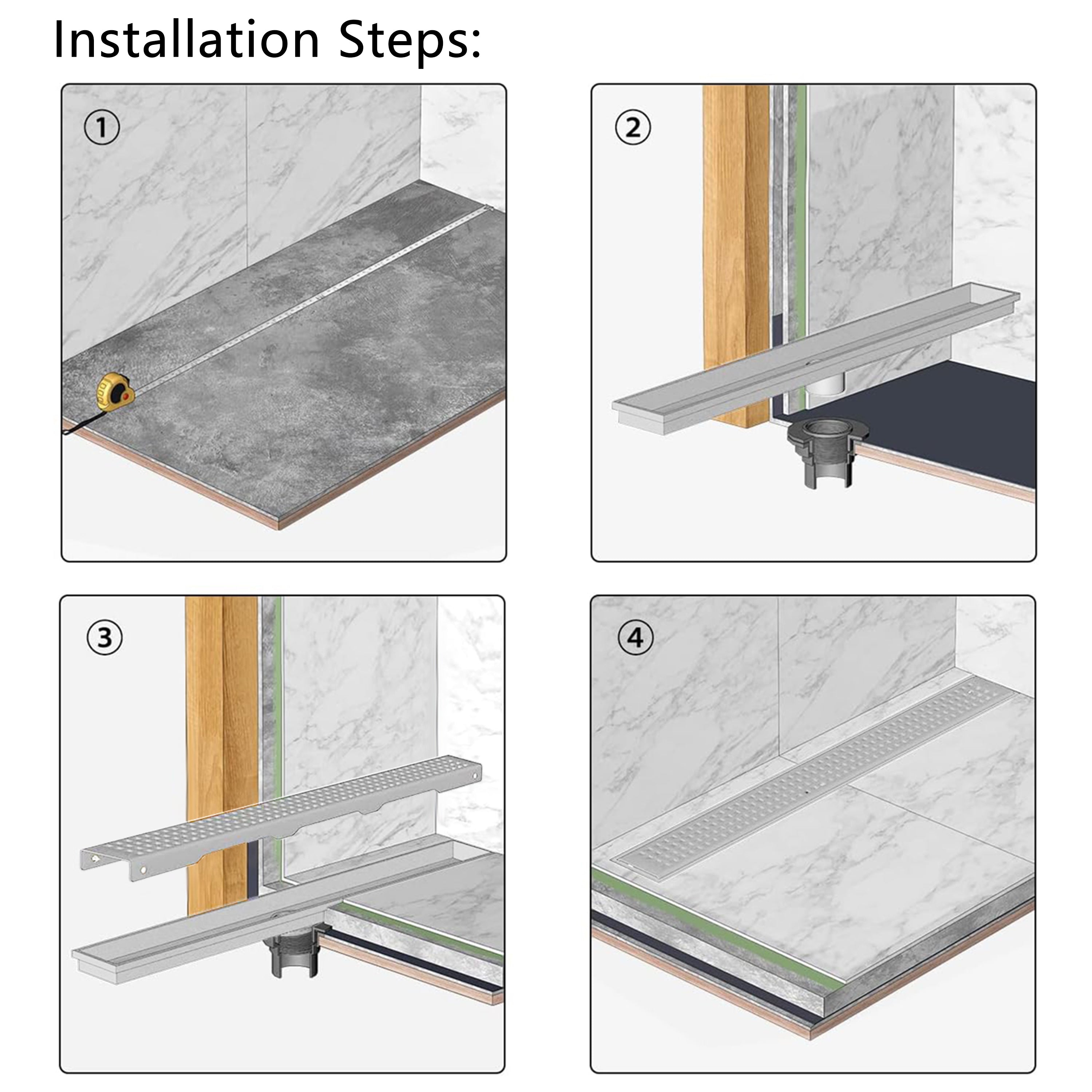 36 Inch Brushed Stainless Steel Linear Shower Drain Mission Style and Drain Base with Rubber Gasket
