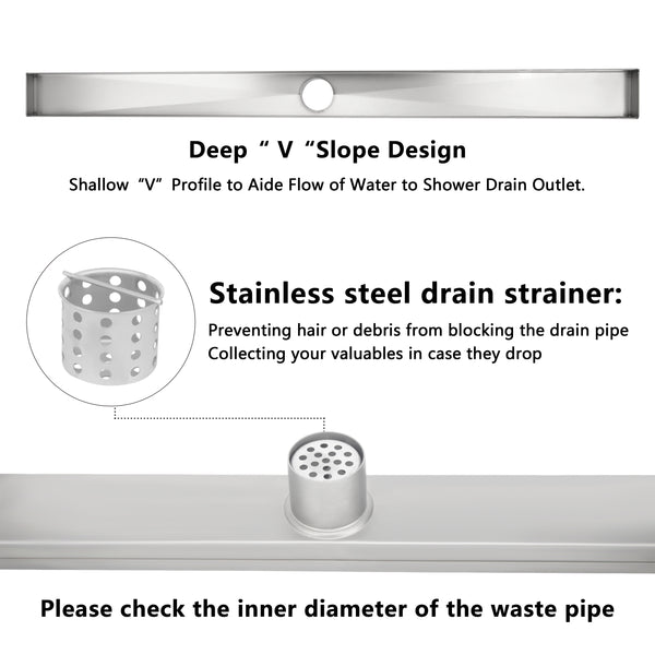 36 Inch Brushed Stainless Steel Linear Shower Drain Mission Style and Drain Base with Rubber Gasket