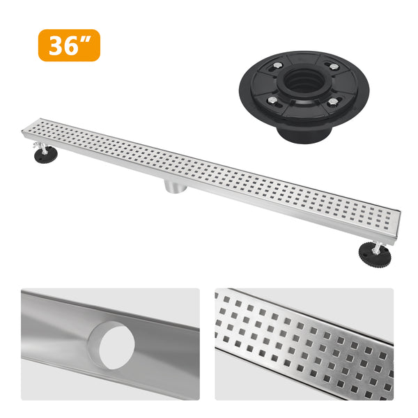 36 Inch Brushed Stainless Steel Linear Shower Drain Mission Style and Drain Base with Rubber Gasket