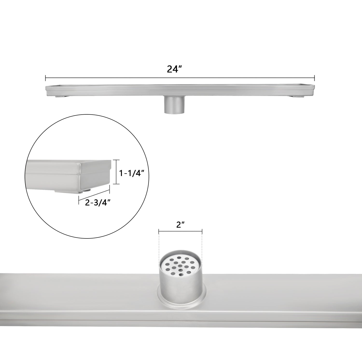 24 Inch Linear Floor Drain with SS Drain Cover Blind Style and Linear Drain Base with Rubber Gasket