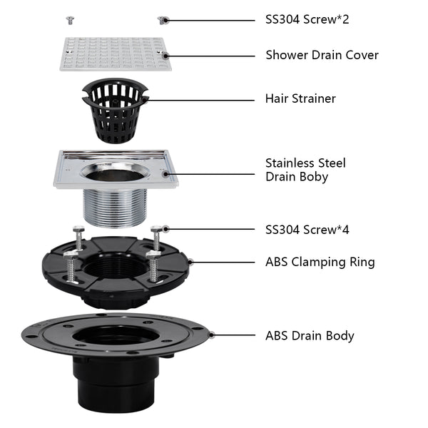4-1/4 Square Design Tile In Shower Drain, Chromed for Low Profile Shower Pan     UGSD002-B