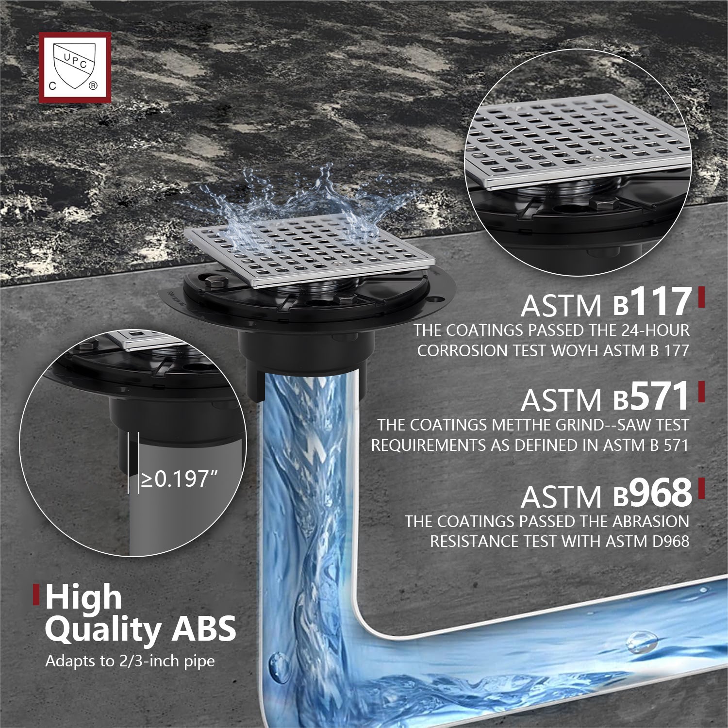 4-1/4 Square Design Tile In Shower Drain, Nickel for Low Profile Shower Pan     UGSD002-N