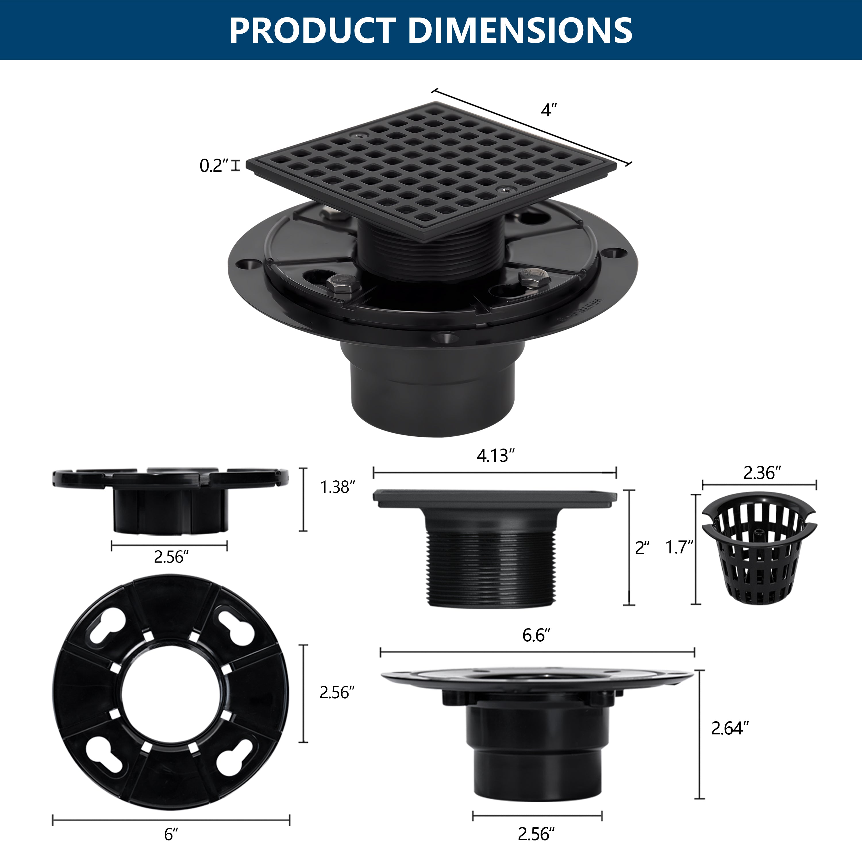 4-1/4 Square Shower Drain, Matte Black Strainer with Hair Catcher UGSD002-MB