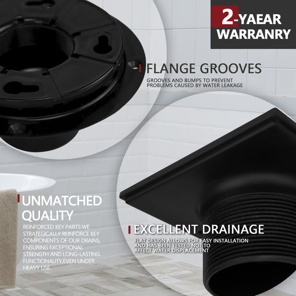 4-1/4 Square Shower Drain, Matte Black Strainer with Hair Catcher UGSD002-MB