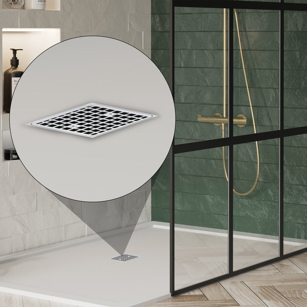 4-1/2" Tile In Shower Floor Drain Square Design and Height Adjustable, Chrome Plated, PVC Material UGSD003