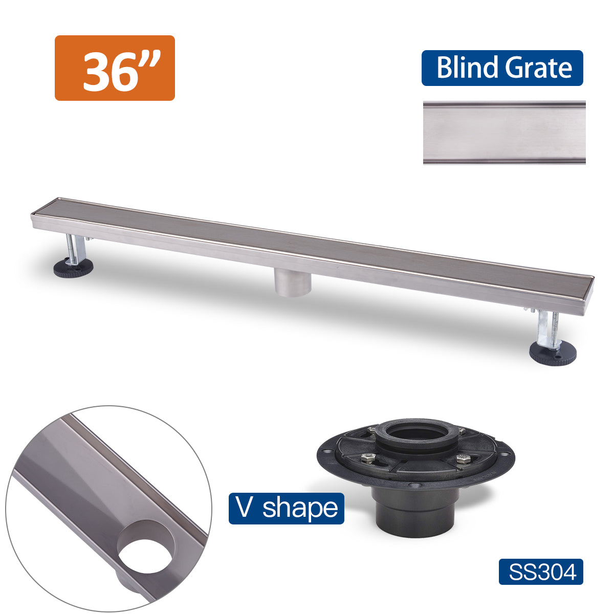 36 Inch Stainless Steel Linear Floor Drain Blind Style and Drain Base with Rubber Gasket