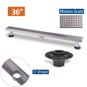 36 Inch Brushed Stainless Steel Linear Shower Drain Mission Style and Drain Base with Rubber Gasket