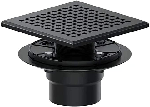 6 Inch Square Shower Floor Drain with ABS Shower Drain Base, 304 Stainless Steel Drain Cover, Matte Black