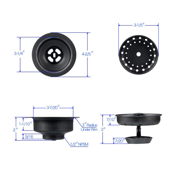Kitchen Sink Drain Assembly with Drain Strainer for 3-1/2 inch opening, Stainless Steel Matte Black Finish