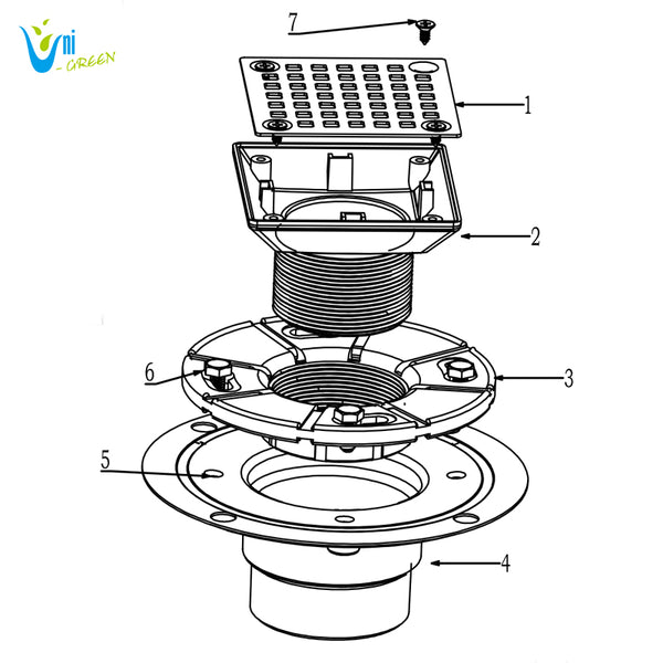 3-1/2" Square Shower Drain for Low Profile Show Pan Drain with SS304 Grating Neo Style PVC