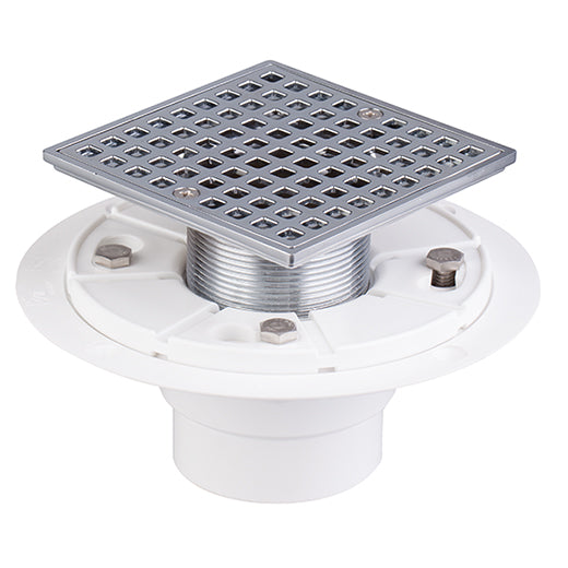 2 inch x 3 inch Shower Drain with 4-1/4 inch Brass Square Strainer, Chrome  Plated