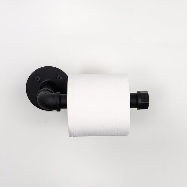 Industrial Pipe Towel Bar 18”, and 5 PCS Bathroom Hardware Sets Including Toilet Paper Holder, 3 pcs Robe Hooks in Matte Black Finish.